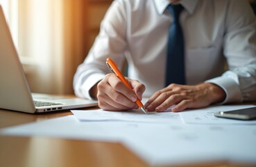 Businessman writing notes at office desk, close-up. Male worker with white shirt, blue tie makes notes using orange pen. Man filling form document, working with laptop. Business contract, paperwork,
