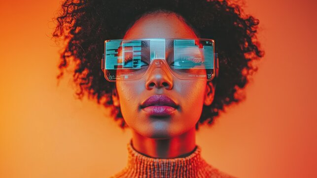 Person wearing augmented reality glasses with digital overlays. - Powered by Adobe
