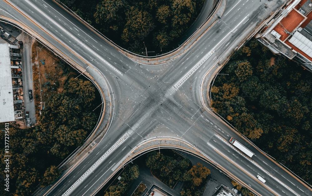 Poster aerial view of a four-way intersection surrounded by lush green trees. roads and traffic are visible