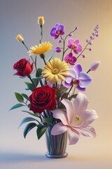 Obraz premium The visually appealing 3D-animated bouquet of five words creates a serene atmosphere with a visually appealing composition of roses and orchids.