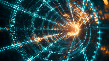 Fototapeta premium Dynamic neural network flow digital tunnel abstract wallpaper futuristic background sci-fi environment high-tech viewpoint