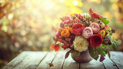 A close-up of an elegant fall bouquet with warm-toned flowers, delicately placed on a rustic wooden table.