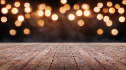 Wooden Floor with Blurry Golden Bokeh Lights Background for Festive Celebrations and Event Decorations
