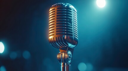 Blurred background emphasizes vintage microphone close-up on stage, retro style with text space for live music event visuals.