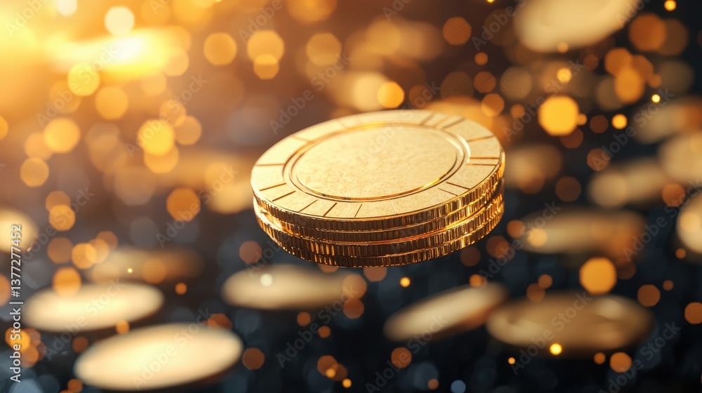 Poster floating golden coins with sparkling bokeh background creating a sense of wealth and prosperity in d