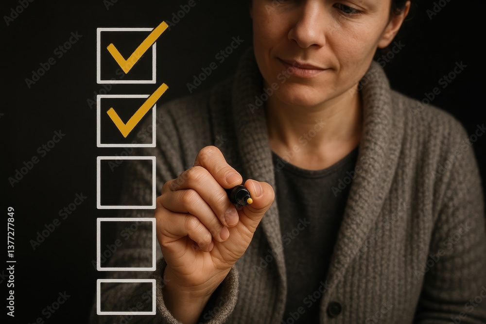 Poster checklist in action: a focused individual diligently marks off completed tasks on a digital checklis