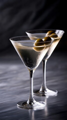 Two martini glasses with olives on dark background