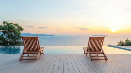 Obraz premium Serene Ocean View at Sunset Featuring Two Wooden Lounge Chairs by Infinity Pool on a Tropical Island