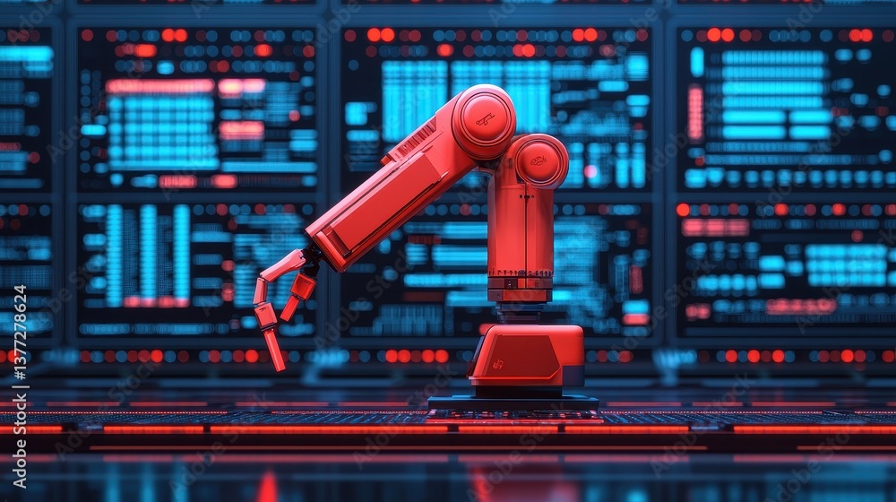 Poster futuristic robotic arm in high-tech environment with digital interface and neon lighting effects