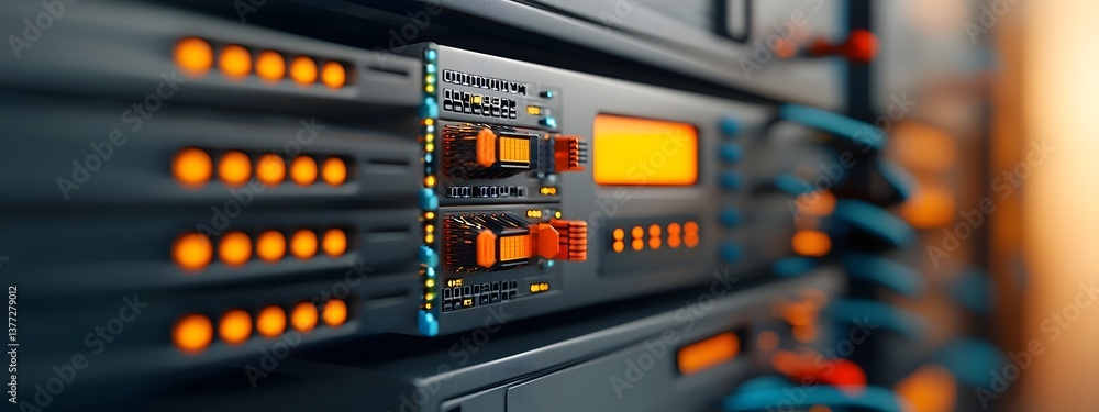 Poster a modern sleek data center with advanced server racks intricate wiring and glowing digital interface