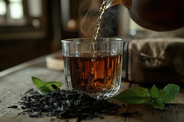 Steaming hot tea poured into a glass cup. Freshly brewed tea on a wooden table, with loose leaf tea and mint leaves