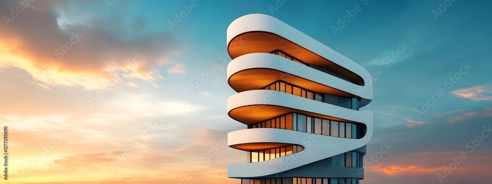 Poster a sleek and angular modern urban apartment tower with a complex geometric architectural design featu