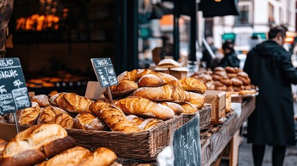 A pile of freshly baked baguettes arranged in a market-style setting