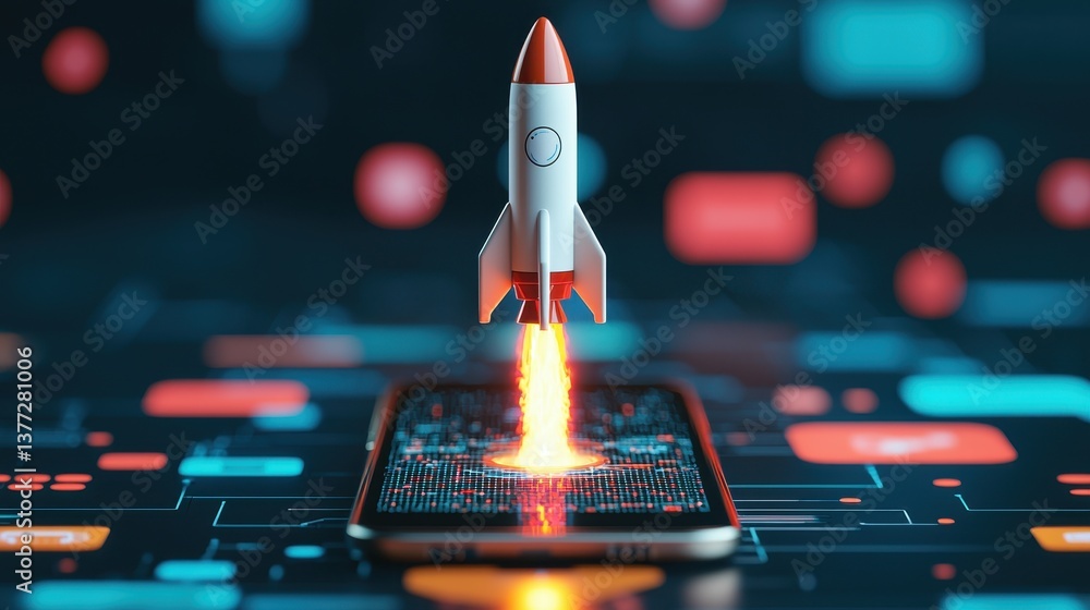 Poster rocket launching from smartphone screen in a dynamic digital environment with abstract shapes and co