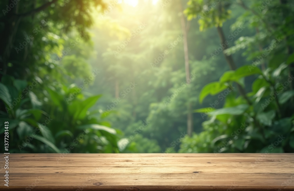 Poster empty wooden desk tabletop with blurred rainforest jungle background. blank surface for product plac