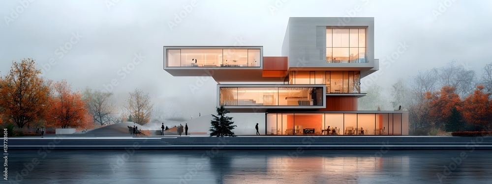 Poster a sleek and minimalist multi unit residential tower with a bold geometric facade and ample use of gl