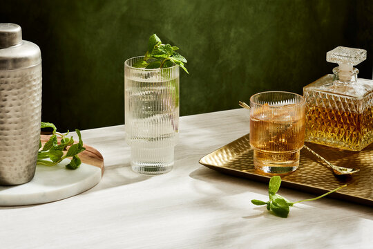 Vodka Collins and Bourbon with Decanter on a Brass Tray