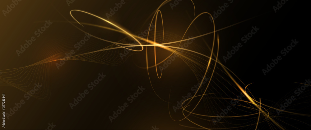 Poster Illustration vector abstract chaos, gold wave line pattern, flow line and particle dot on dark color background. Modern futuristic, design for background. Digital high tech, energy technology concept