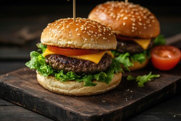 Two juicy cheeseburgers on a rustic wooden board.  Freshly made burgers, perfectly cooked and seasoned. Topped with melted cheese, lettuce, tomato slices