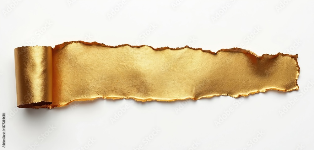 Poster torn golden paper strip with frayed edges on white background. shiny, metallic texture creates vinta