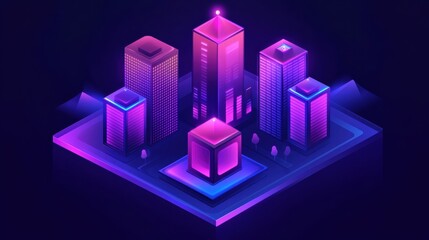Fototapeta premium Isometric Futuristic Cityscape with Glowing Neon Buildings at Night