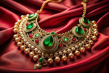 Luxurious Gold Necklace with Green Gemstones on Satin - Vintage Style Photography