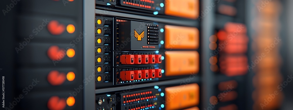 Poster a sophisticated server rack system with advanced computer hardware and digital interfaces showcasing
