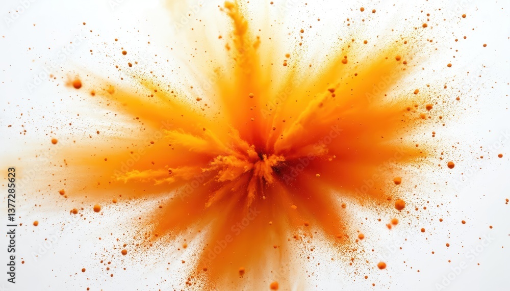 Poster Abstract orange powder explosion isolated on white background. Close-up of orange dust particle splash. Dynamic movement, splash of color. Burst of vibrant, exploding powder. Design element, graphic