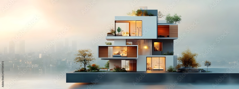 Poster a sophisticated technologically advanced apartment building with a sleek modular design featuring ge