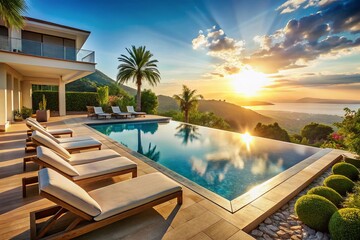 Fototapeta premium Luxurious Private Villa Pool Deck Terrace: Sun Loungers, Infinity Pool, Scenic View