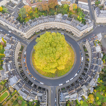 Aerial view over the Georgian housing of The Circus, Bath, Somer