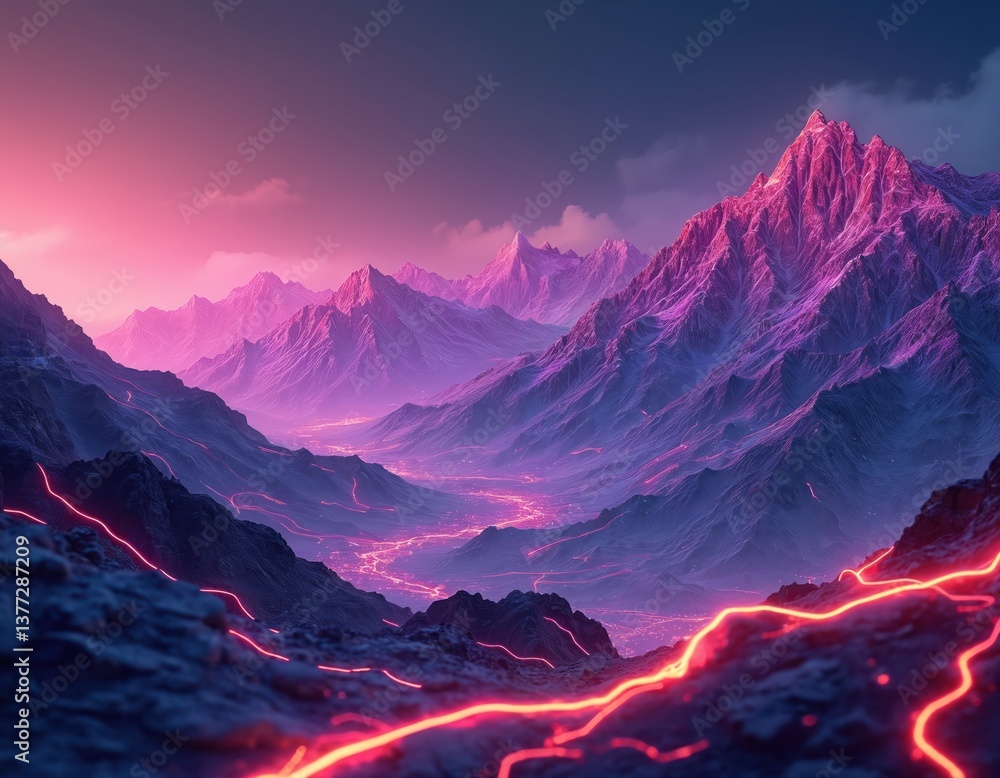 Poster abstract mountain landscape with neon lines. futuristic tech background in vibrant colors. digital a