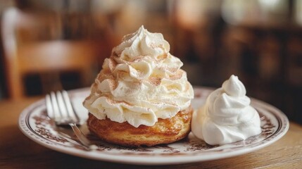 A single profiterole elegantly placed on a plate, with a swirl of whipped cream beside it