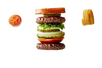 Floating Double Patty Burger with Onion Rings and Tomato Slice