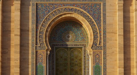 Intricate Arabesque Archway and Doorway of a Majestic Building in Morocco: Exquisite Zellige Tilework and Islamic Architecture