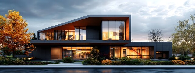 A stunning contemporary apartment building with a sleek geometric glass and metal facade expertly crafted to blend harmoniously with the surrounding autumn landscape