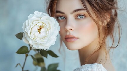 Naklejka premium Elegant Woman Posing with a White Rose in a Soft, Beautiful Setting