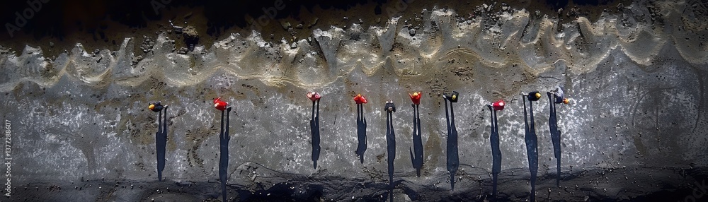Poster an overhead view of a shoreline with shadows cast by sticks, creating a striking contrast against th