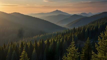 Obraz premium Sunset Mountain Range Evergreen Forest Landscape Serene View Golden Hour