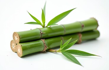 Fototapeta premium Close-up studio shot of green bamboo stems with leaves isolated on white. Natural, fresh, spa, eco concepts. Asian, zen, tropical themes. Ideal for wellness, cosmetic industry, eco-friendly design.
