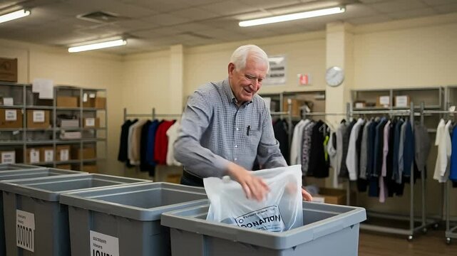 Elderly man smiling while donating clothes in community center  