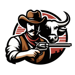 Gato negro enojado bebiendo café en un estilo gráfico vectorial de caricatura, con un logotipo de hombre vaquero en clipart sobre fondo blanco, ilustración de emblema colorido en formato EPS10, ideal