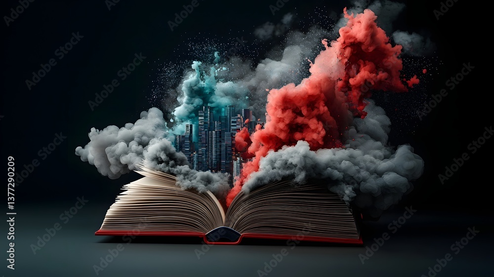 Poster a surreal floating open book radiating vibrant kaleidoscopic data streams that spill out and transfo