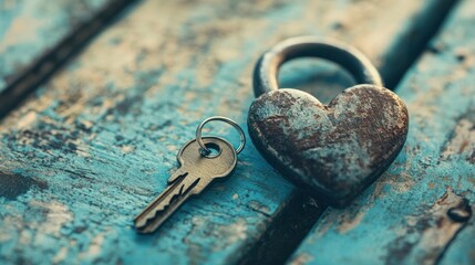 Heart-shaped padlock with a key lying on a vintage surface