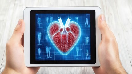 Hands Holding Tablet Displaying Digital Heart Anatomy Image