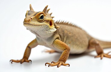 Fototapeta premium Close-up portrait horned lizard on white background. Reptile displays textured scales spines horns. Wildlife animal portraiture. Excellent detail, skin texture, patterns. Natural light, studio shot.