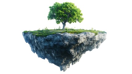 A floating island with green grass and a tree against white sky