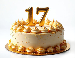 Festive decorated cake for seventeenth birthday or anniversary party. Gold number 17 candle, white background. Delicious dessert, sweet cream pastry design for celebration events.