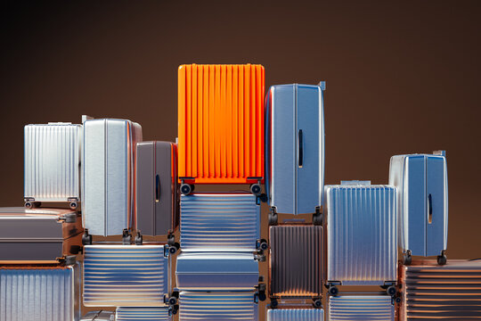 Stacked suitcases create a colorful display for travel enthusiasts