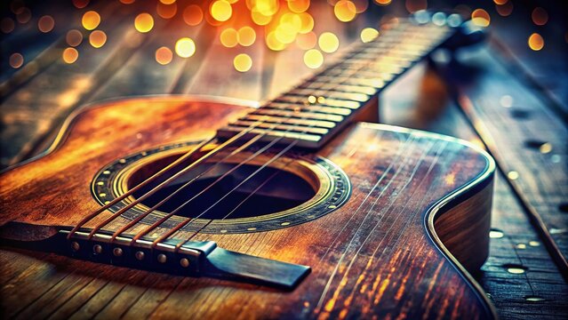 Macro Shot of Acoustic Guitar Strings, Grunge Texture Background - Stock Photo
